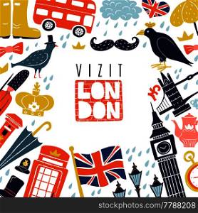 Decorative frame with london landmarks and symbols including flag, bus, umbrella, pound on white background vector illustration. London Frame Background