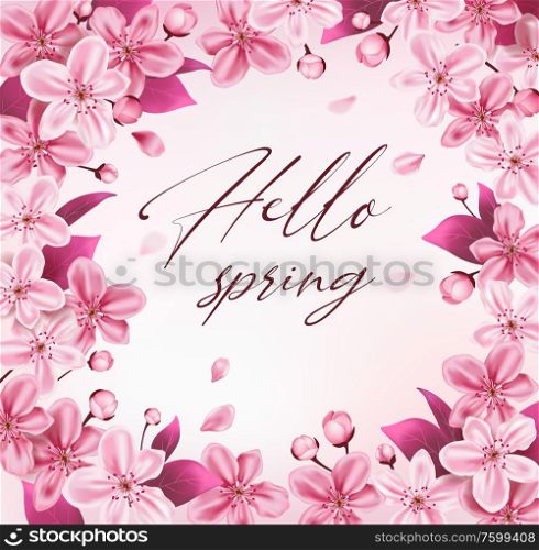 Decorative frame with pink cherry flowers. Spring floral background for seasonal sale. Vector illustration.
