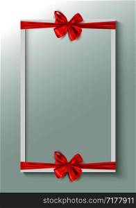 Decorative frame with realistic red ribbon bow, holiday background template, vector illustration