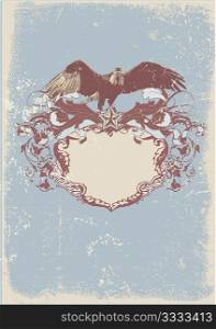 Decorative frame with stylized eagle. Vector illustration. Grunge background .