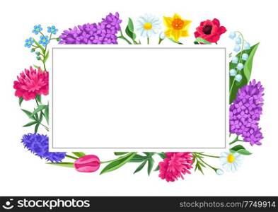Decorative frame with summer flowers. Beautiful decorative bouquet of blooming plants. Natural illustration.. Decorative frame with summer flowers. Beautiful decorative bouquet of blooming plants.