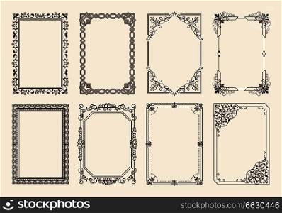 Decorative frames collection of curved graphic ornamental elements of black wavy lines in corners vector illustration borders on white background. Decorative Frames Set of Curved Graphic Ornament
