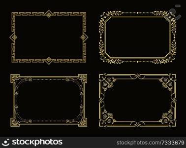 Decorative frames collection of curved graphic ornamental elements of golden lines in corners vector illustration baroque borders on black background. Decorative Frames Set of Curved Graphic Ornament