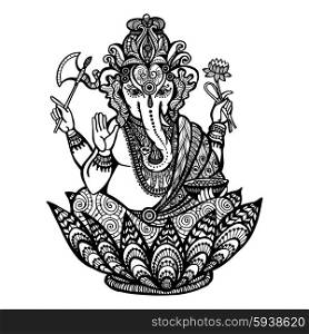Decorative ganesha hindu god sitting in lotus flower hand drawn vector illustration. Decorative Ganesha Illustration