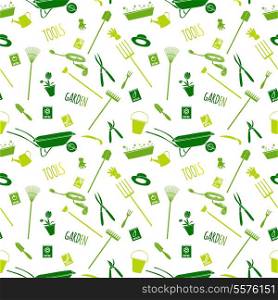 Decorative garden tools seamless wallpaper green on white converted pattern vector illustration