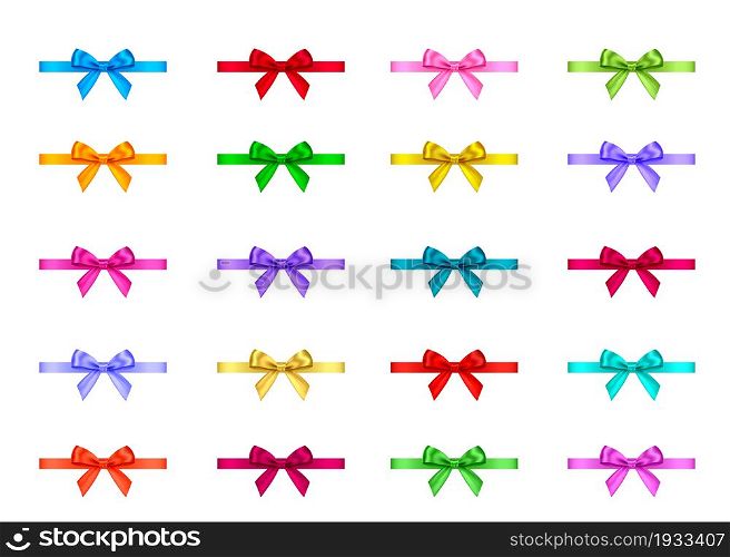 Decorative gift ribbon and bow isolated on white background. Blue, red, green, pink, golden holiday decoration.Vector set of decor elements for banner, greeting card, poster.