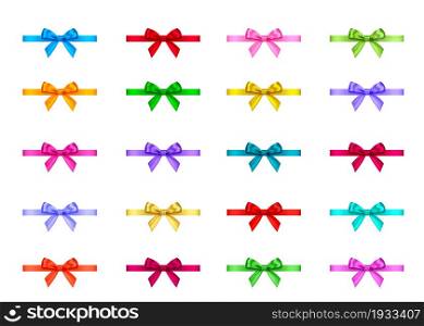 Decorative gift ribbon and bow isolated on white background. Blue, red, green, pink, golden holiday decoration.Vector set of decor elements for banner, greeting card, poster.