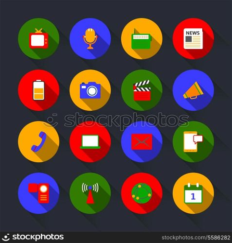 Decorative global social media communication mobile technology microphone device icons set flat solid isolated vector illustration