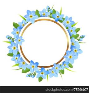 Decorative golden round frame with blue flowers. Spring floral background for seasonal sale. Vector illustration.