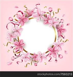 Decorative golden round frame with pink cherry flowers. Spring floral background for seasonal sale. Vector illustration.