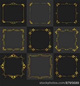 Decorative Golden vintage frames set ob black background. Golden Decorative frames vintage