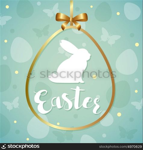 Decorative green Easter greeting card with silhouette of white rabbit in golden frame.