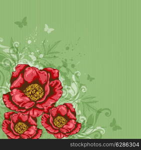 Decorative green vector background with red flowers