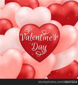 Decorative greeting card for Valentine's day with pink and red balloons and lettering. Vector illustration.