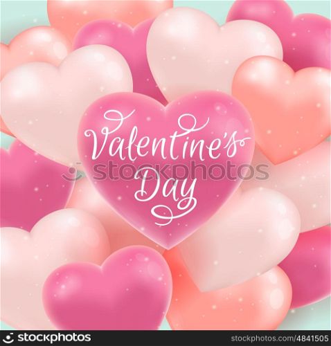 Decorative greeting card for Valentine's day with pink balloons and lettering. Vector illustration.