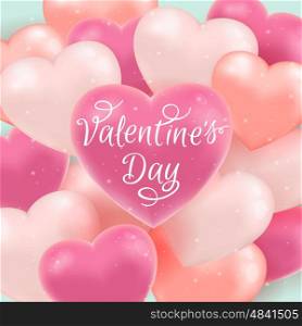 Decorative greeting card for Valentine's day with pink balloons and lettering. Vector illustration.