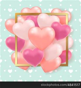 Decorative greeting card for Valentine's day with pink balloons in golden frame on a green background.