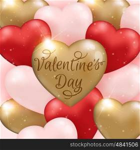 Decorative greeting card for Valentine's day with pink, red and golden balloons. Vector illustration.