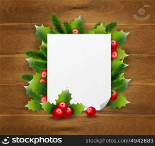 Decorative Greeting Template. Decorative greeting template with Christmas thorn and blank paper on wooden background vector illustration