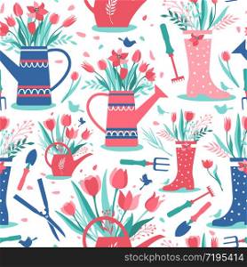 Decorative hand drawn seamless pattern with garden tools. Template for design textile, greeting cards, wrapping paper, packages, backgrounds.. Decorative seamless surface pattern with garden tools. Template for design textile, greeting cards, wrapping paper, packages, backgrounds. Vintage vector illustration.