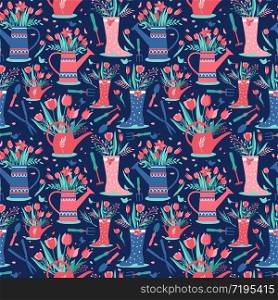 Decorative hand drawn seamless pattern with garden tools. Template for design textile, greeting cards, wrapping paper, packages, backgrounds.. Decorative seamless surface pattern with garden tools. Template for design textile, greeting cards, wrapping paper, packages, backgrounds. Vintage vector illustration.
