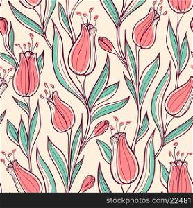 Decorative hand drawn seamless pattern with pink tulips