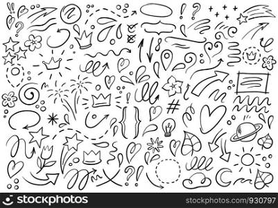 Decorative hand drawn shapes. Outline crown, doodle pointer and heart frame. Doodles lines elements, ink line arrow and flower calligraphy sign sketch. Isolated vector illustration symbols set. Decorative hand drawn shapes. Outline crown, doodle pointer and heart frame. Doodles lines elements vector illustration set