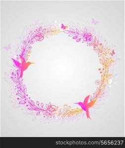 Decorative hand drawn wreath of flowers, leaves and birds