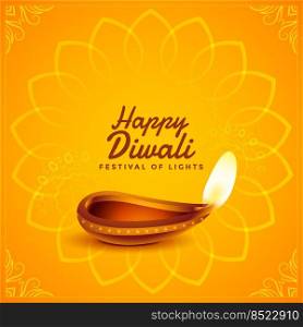 decorative happy diwali yellow card with realistic diya