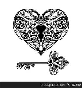 Decorative heart shape key and vintage lock hand drawn isolated vector illustration. Decorative Key And Lock