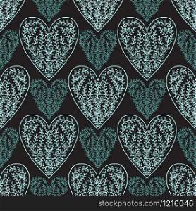 Decorative hearts pattern. Linen textile design in turquoise color on darl background. Decorative hearts pattern. Linen textile design in turquoise color on darl background.