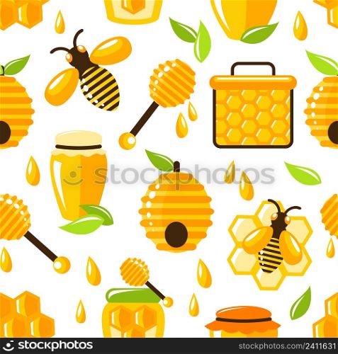 Decorative honey bee hive and cell food seamless pattern vector illustration