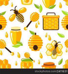 Decorative honey bee hive and cell food seamless pattern vector illustration