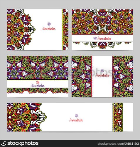 Decorative horizontal banner set with colored mandalas and fractals isolated vector illustration. Mandala Banner Set