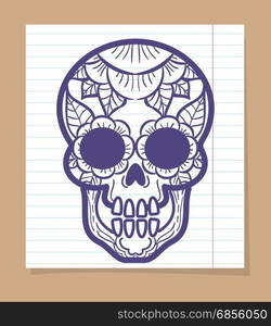 Decorative human skull with floral ornament. Decorative human skull with floral ornament on linear notebook page. Vector illustration