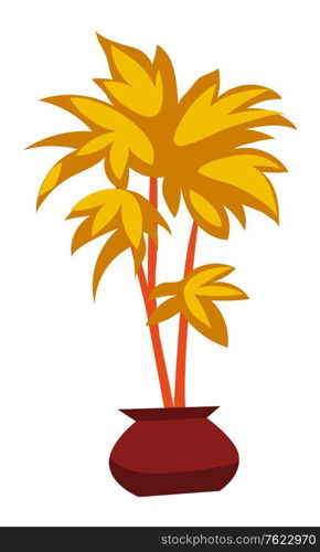 Decorative indoor palm tree in flower pot isolated on white. Exotic room plant with golden yellow leaves. Decorative tropical botanical element vector. Decorative House Plant Palm in Flower Pot Vector