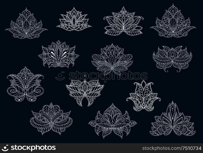 Decorative isolated paisley flowers with oriental openwork ornament, dainty curlicues and floral elements in indian, persian and turkish style. May be use in interior design. Isolated paisley flowers set in outline style