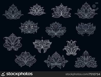Decorative isolated paisley flowers with oriental openwork ornament, dainty curlicues and floral elements in indian, persian and turkish style. May be use in interior design. Isolated paisley flowers set in outline style