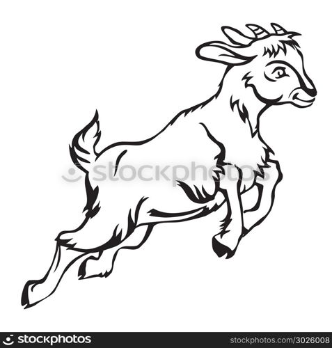 Decorative jumping funny cartoon goat kid. Monochrome vector illustration in black color isolated on white background.