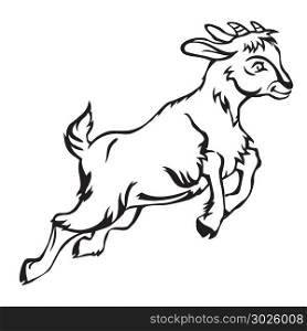 Decorative jumping funny cartoon goat kid. Monochrome vector illustration in black color isolated on white background.