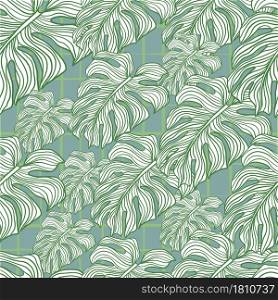 Decorative jungle seamless pattern with green contoured monstera leaf print. Pale blue background. Decorative backdrop for fabric design, textile print, wrapping, cover. Vector illustration.. Decorative jungle seamless pattern with green contoured monstera leaf print. Pale blue background.
