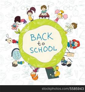 Decorative kids back to school round emblem poster with books pencils acessories background sketch doodle vector illustration