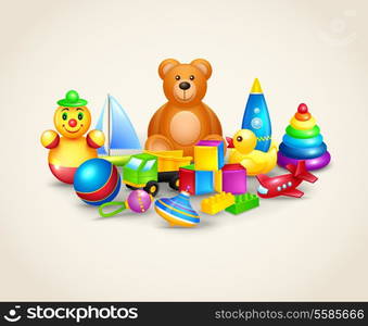 Decorative kids toys composition of ball yacht peg top teddy bear vector illustration