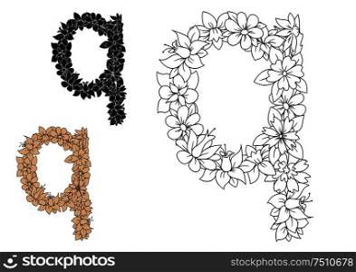 Decorative letter q of floral alphabet, composed of blooming flowers in outline colorless, black and brown variation. For romantic font or monogram design. Floral letter q with blooming flowers