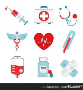 Decorative medical emergency first aid kit symbols pictograms collection with injection syringe abstract flat isolated vector illustration