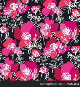 Decorative modern sketch peony flowers seamless pattern for background, fabric, textile, wrap, surface, web and print design. Abstract floral silhouette rapport in black and pink.