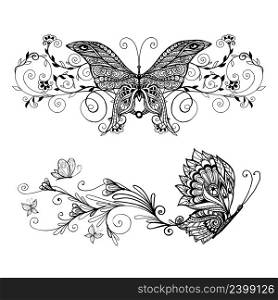Decorative monochrome butterflies set with floral decoration isolated vector illustration. Decorative Butterflies Set