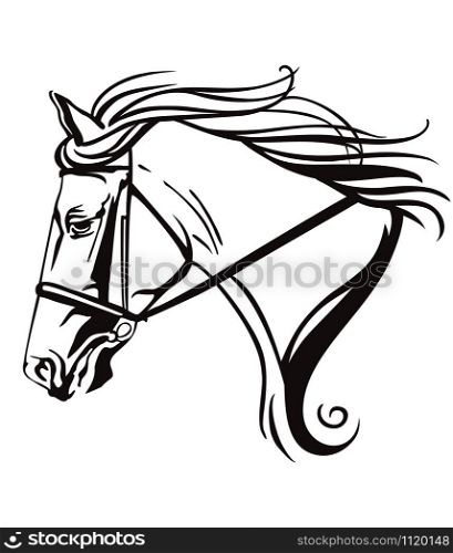 Decorative monochrome contour portrait of beautiful ornamental racehorse in bridle looking in profile, vector illustration in black color isolated on white background. Image for logo, design and tattoo.
