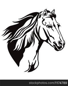 Decorative monochrome contour portrait of running horse with long mane looking in profile, vector illustration in black color isolated on white background. Image for logo, design and tattoo.
