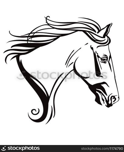 Decorative monochrome ornamental contour portrait of running horse with long mane, looking in profile. Vector illustration in black color isolated on white background. Image for logo, design and tattoo.